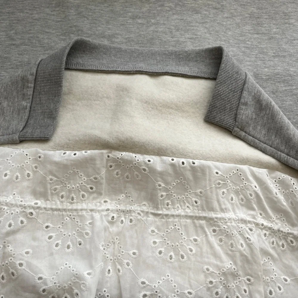 Anthropologie Grey Sweatshirt White‎ Eyelet Trim Detail Pullover Medium Fleece